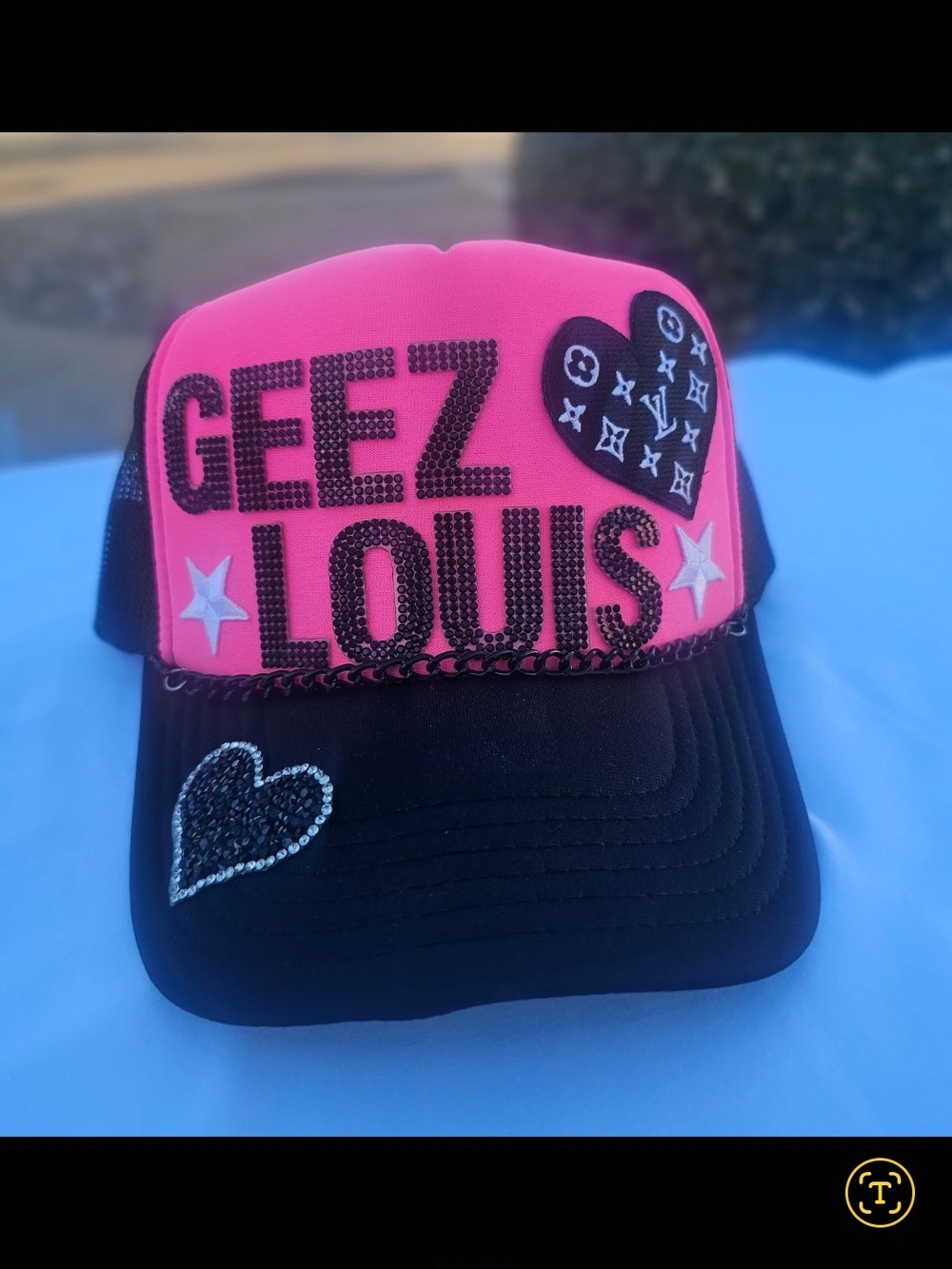 Pink and Black Embellished 'GEEZ LOUIS' Trucker Hat